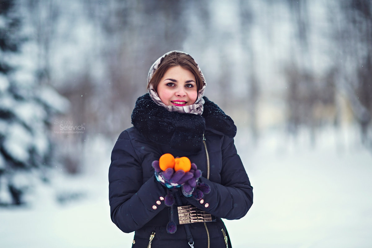 Фотосессия зима машина мандарины