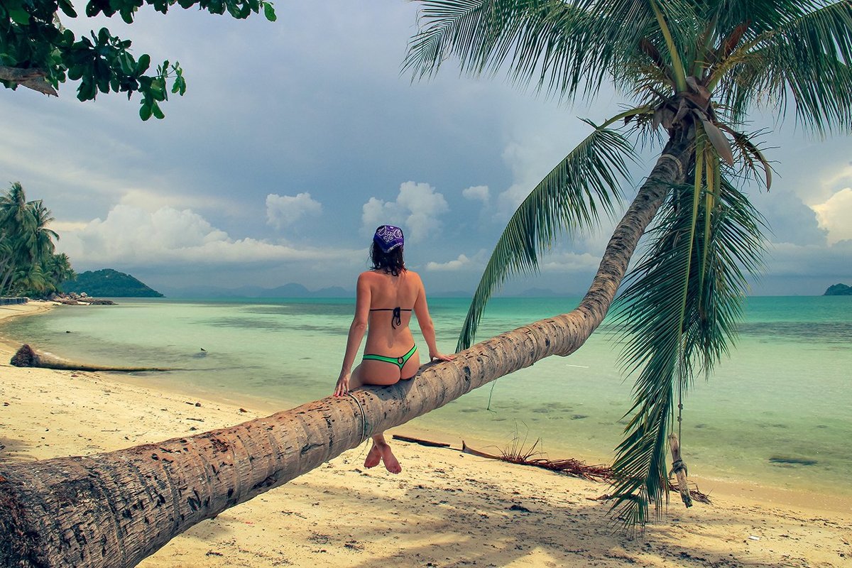 Туристка показывает грудь и киску на фоне пальм и моря