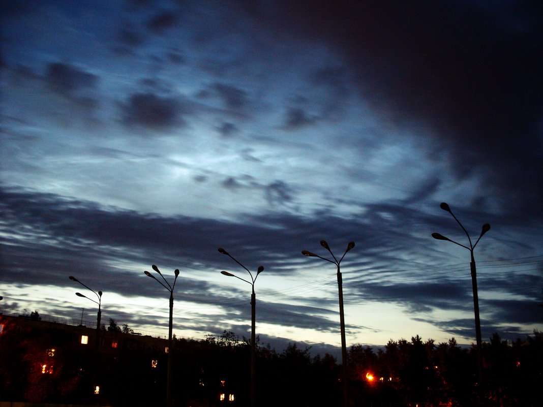 in the hood. sky. streetlamps. - Yur Lo