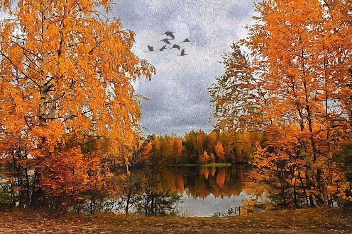 Осенний пейзаж с журавлями