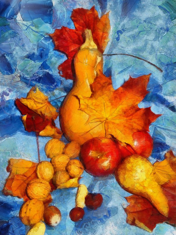 Натюрморт с осенними листьями на синем шёлке - Ирина Сивовол