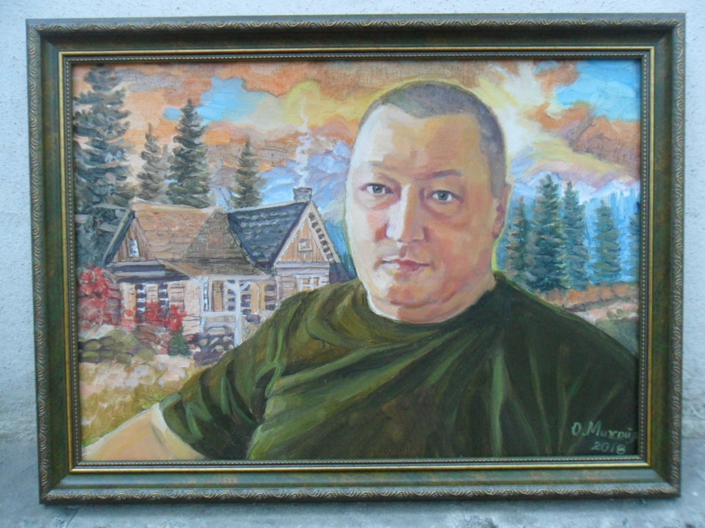Мужской портрет по фото на фоне лесного домика ручная работа - Ольга Михайленко 