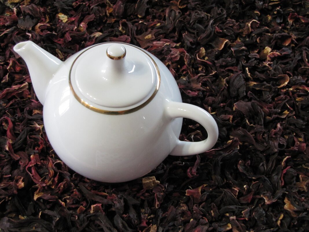 Белый заварной чайник на фоне чая каркаде. - Татьяна Гнездилова