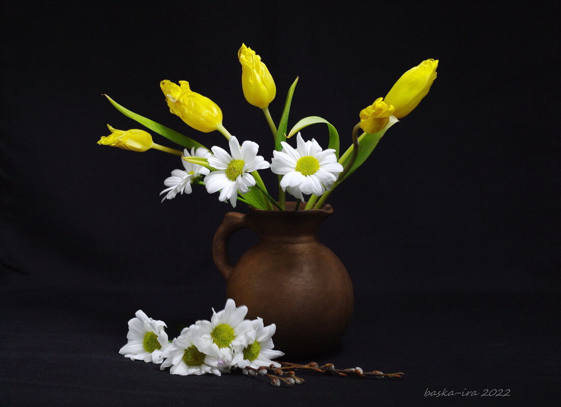 Жёлтые тюльпаны и белые хризантемы - Ирина Баскакова