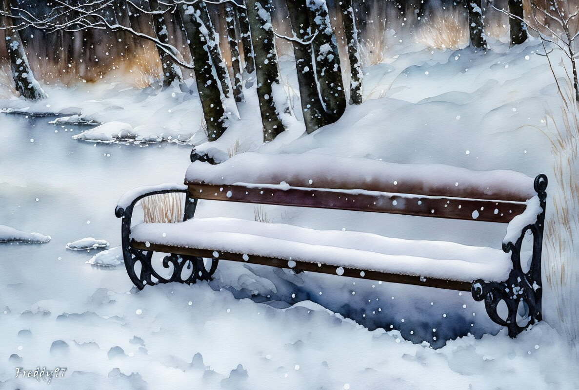 В парке старая скамейка впала в дрёму зимних дней, белоснежная шубейка согревает спину ей... - Freddy 97