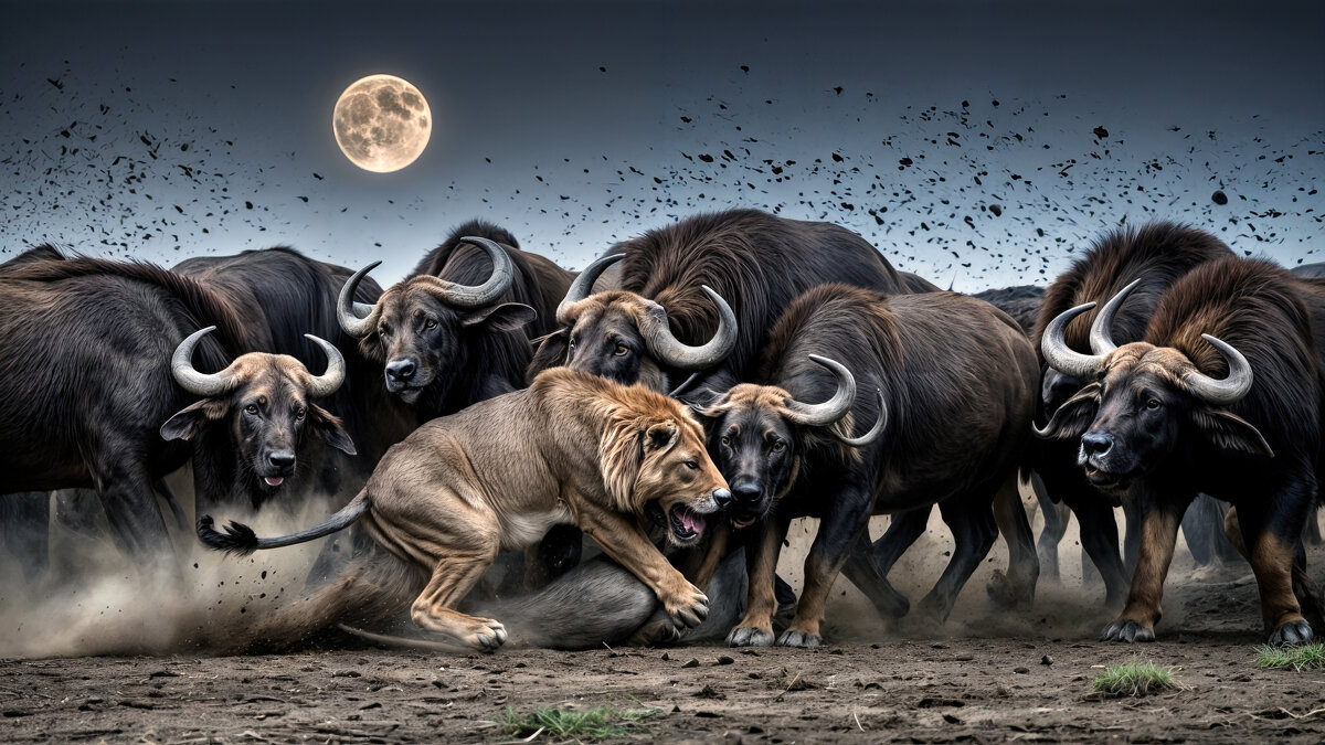 Африканские буйволы дружно мочат льва - Анатолий Клепешнёв