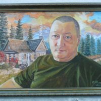 Мужской портрет по фото на фоне лесного домика ручная работа :: Ольга Михайленко 