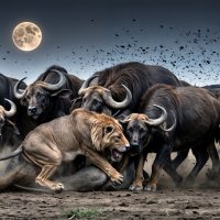 Африканские буйволы дружно мочат льва :: Анатолий Клепешнёв