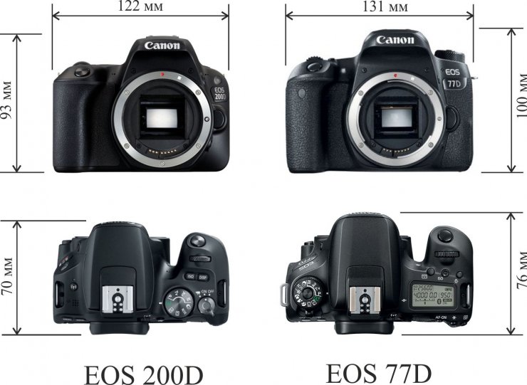 Внешний вид и размеры камер Canon EOS 200D и Сanon EOS 77D