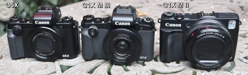Сравнение внешнего вида компактных камер премиум-класса Canon G5X, Canon G1X Mark III и Canon G1X Mark II