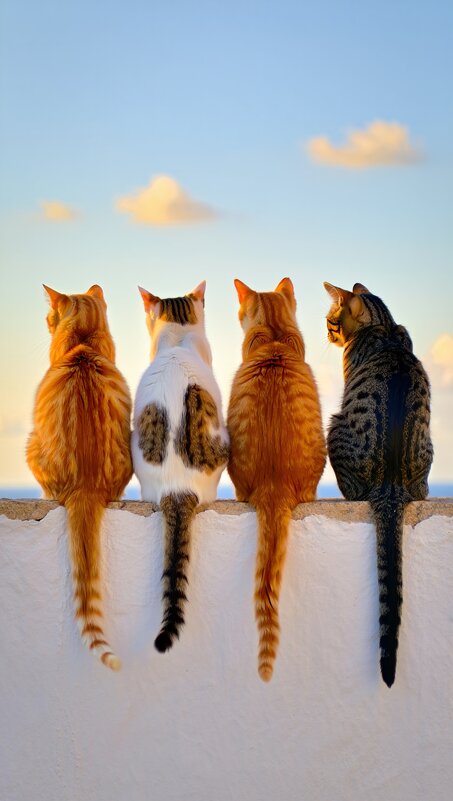 The four cats sit on a white wall - Vsevolod Boicenka