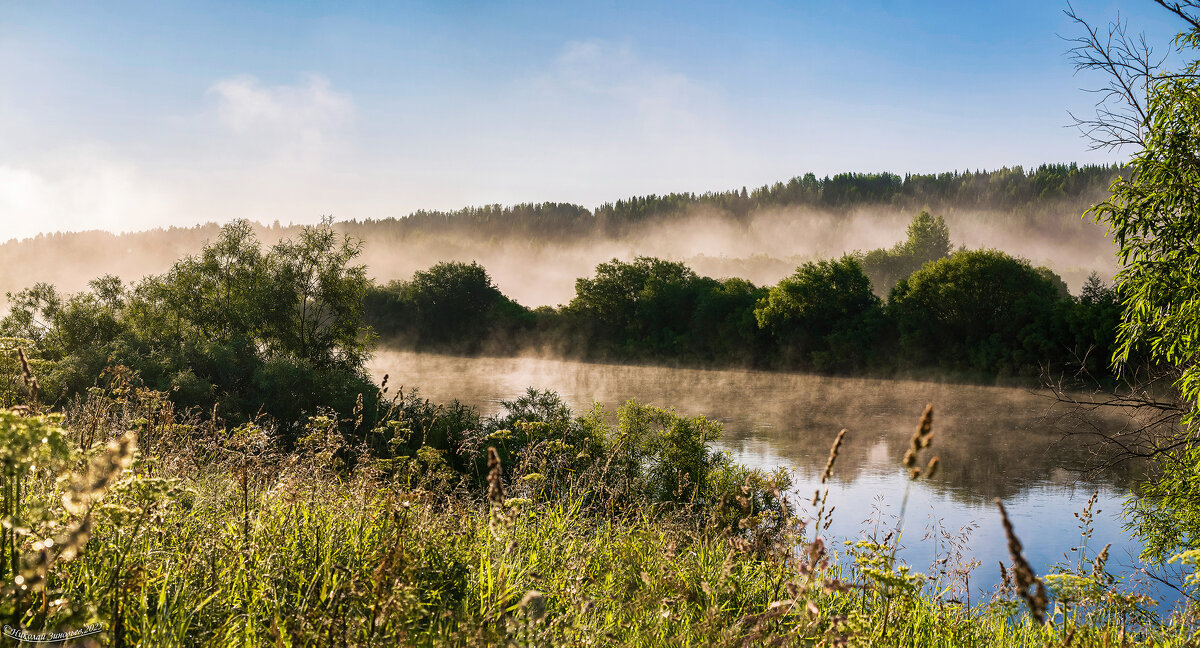 Ранее утро на таежной Ухте, солнце разогревает прохладу и рассеивает туман, слышны всплески хариуса - Николай Зиновьев