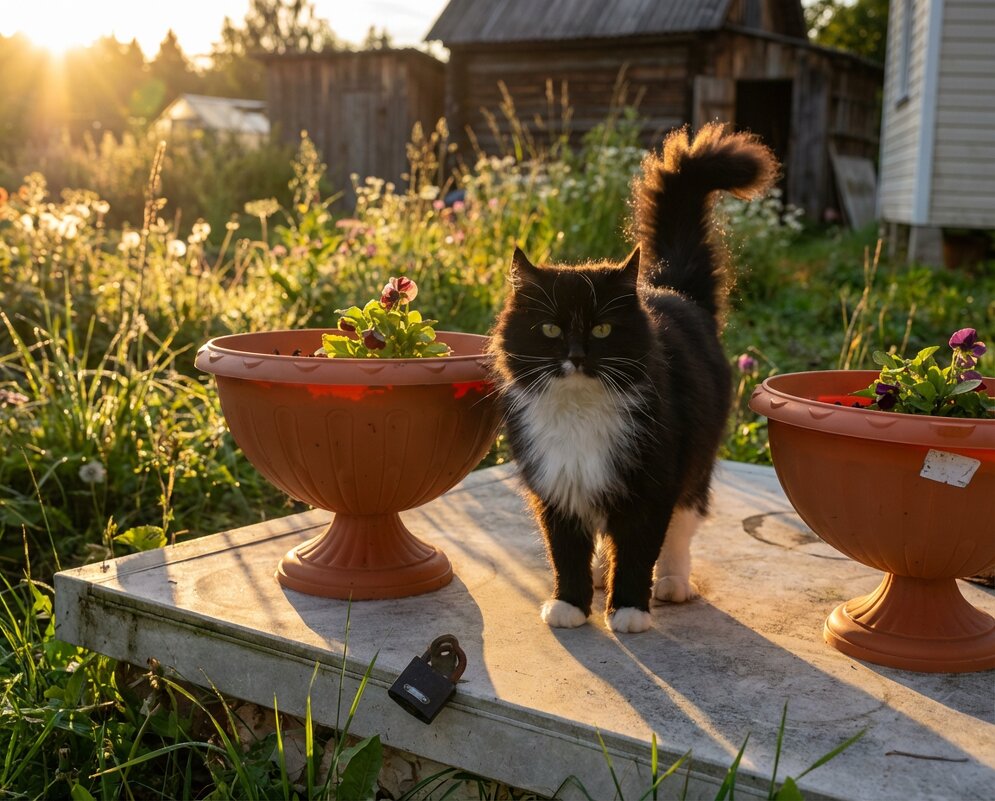 Черно-белый пушистый кот в солнечном свете - Лилия 