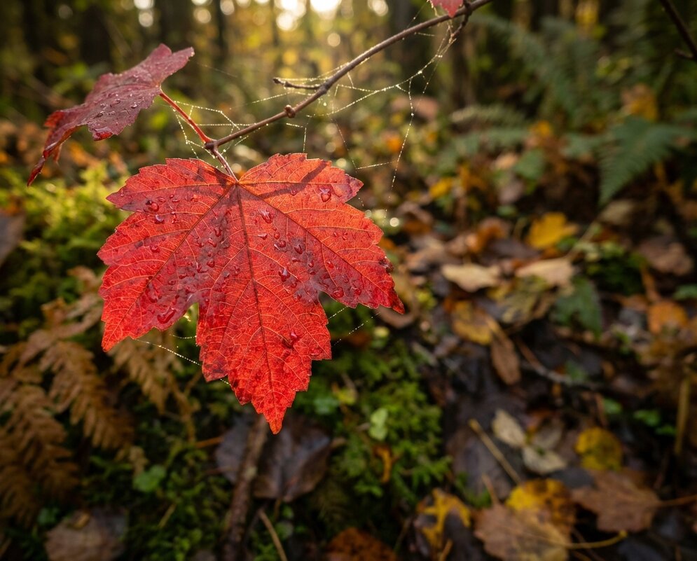 Осенний красный лист на ветке - Лилия 
