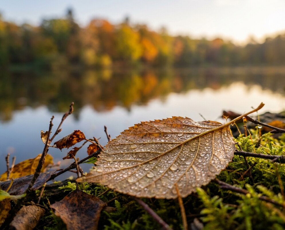 Осенний лист на фоне озера - Лилия 