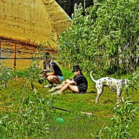 Июль...Ребята собакой у речной пристани! :: Владимир 